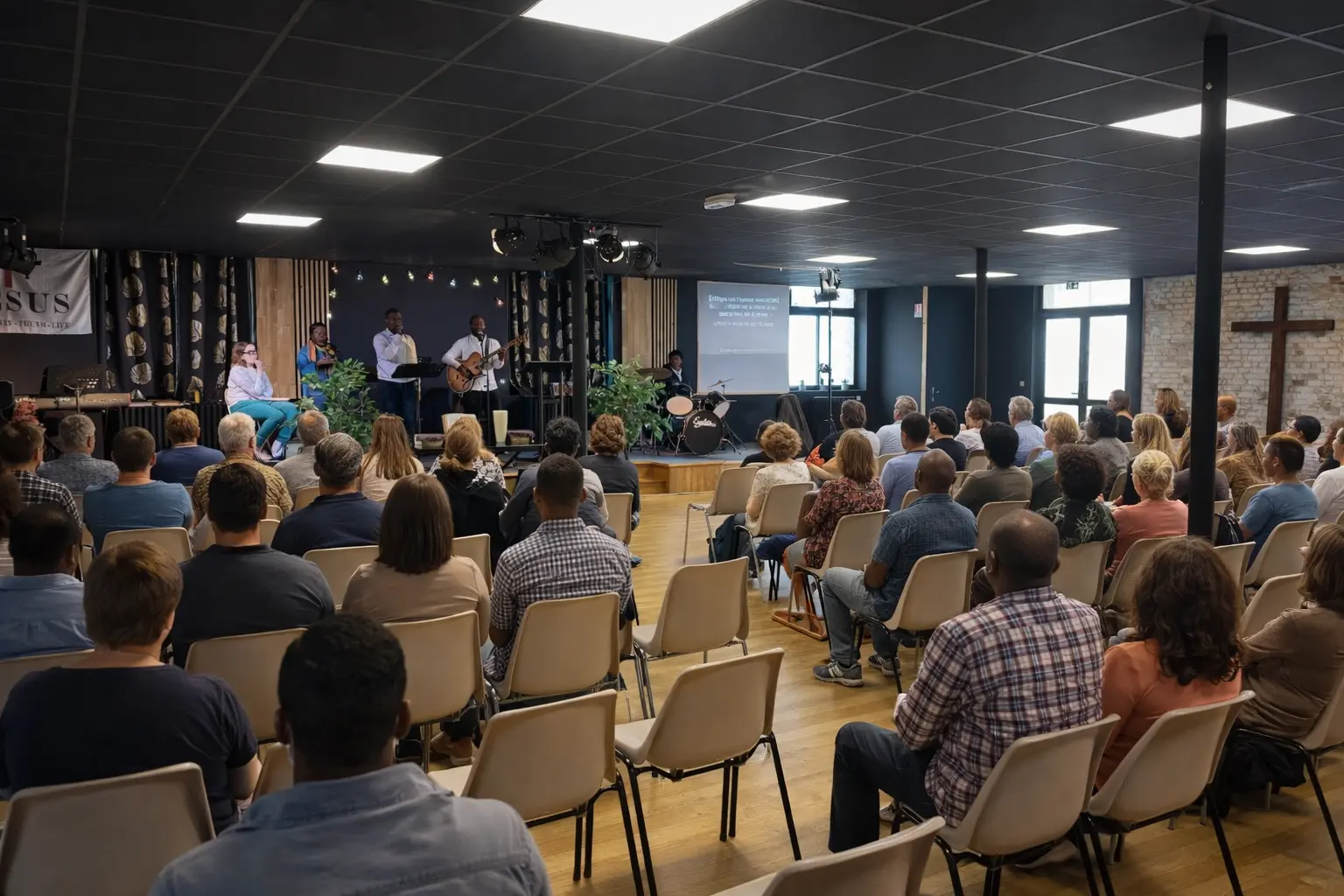Culte dominical à l’Église Nouveau Départ, assemblée rassemblée
